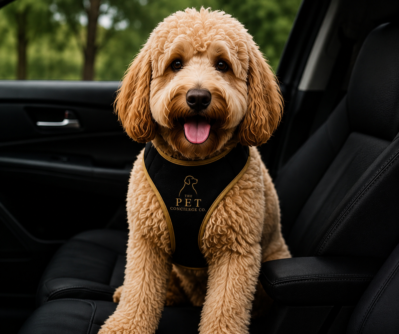 Golden doodle in The Pet Concierge Co. harness ready for vet appointment